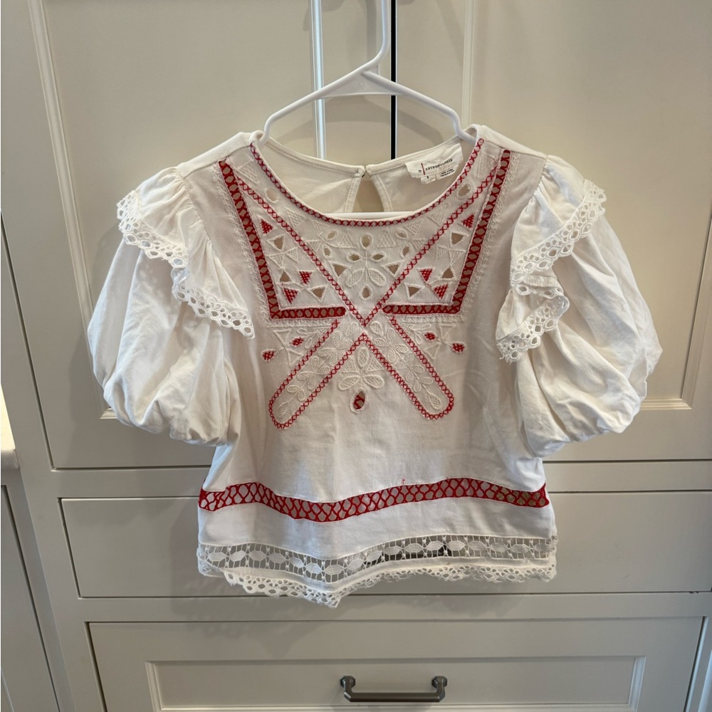 Anthropologie White Peasant Blouse with Red Embroidery